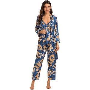 Escalier Silk Satin Pajamas Set 3 Pcs Floral Silky Pj Sets Sleepwear Camisole